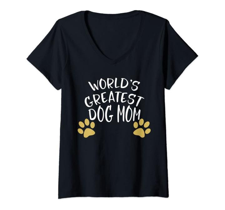 Womens World's Greatest Dog Mom Paw Print Heart Puppy Mother Mama V-Neck T-Shirt