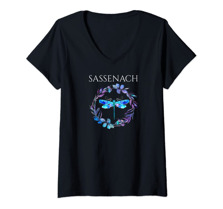 Womens Sassenach Dragonfly Floral Flowers V-Neck T-Shirt