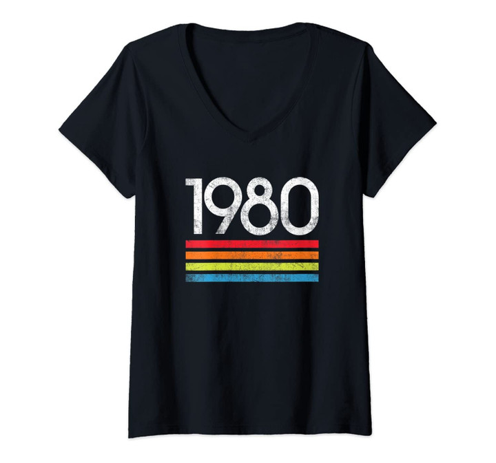 Womens Vintage 1980 Chest Stripe 41st Birthday Top V-Neck T-Shirt