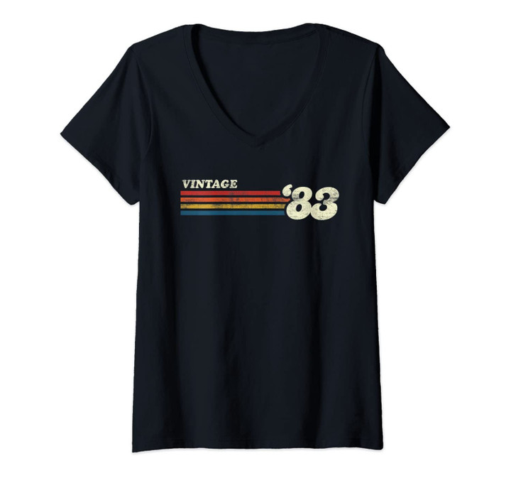 Womens Vintage 1983 Chest Stripe 38th Birthday V-Neck T-Shirt