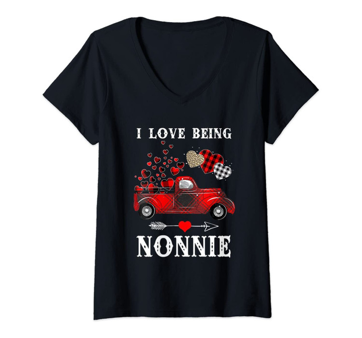 Womens I Love Being Nonnie Red Plaid Truck Hearts Valentine's Day V-Neck T-Shirt