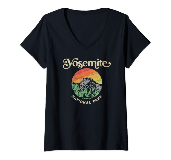 Womens Yosemite National Park Retro Sixties Vibe Half Dome Graphic V-Neck T-Shirt