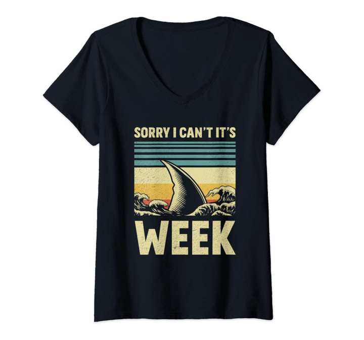 Womens Sorry I Can't It's Week 2020 Funny Shark Fins Wave Gift V-Neck T-Shirt