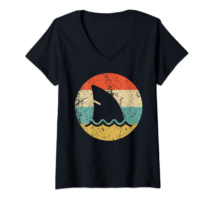 Womens Shark Fin Retro Style Shark V-Neck T-Shirt