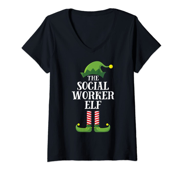 Womens Social Worker Elf Matching Family Group Christmas Party Pj V-Neck T-Shirt
