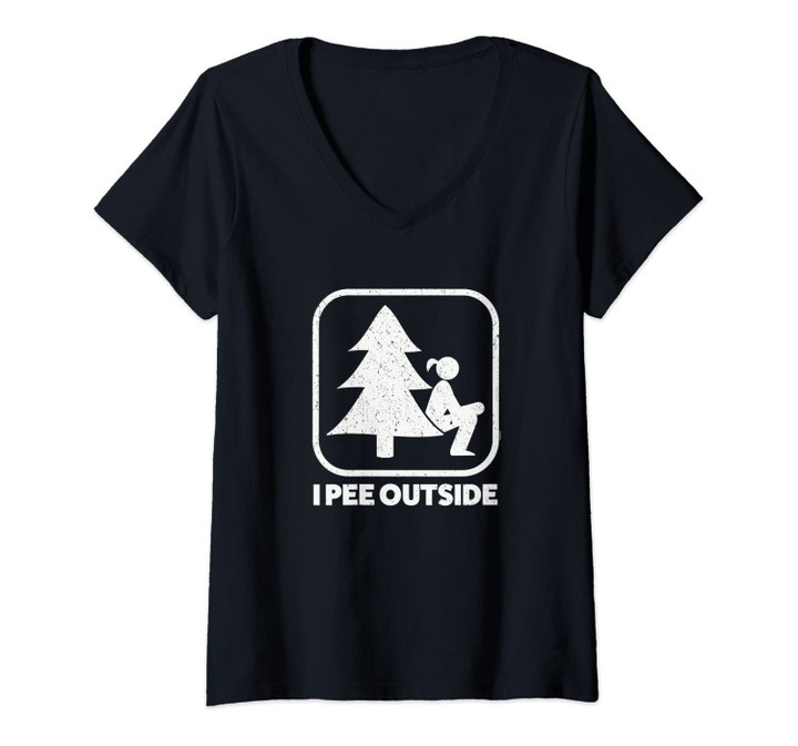 Womens I Pee Outside Girl Sign Funny Camping Hiking Outdoor V-Neck T-Shirt