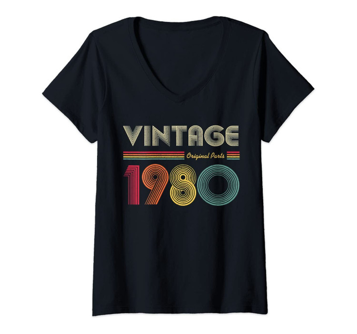 Womens Vintage 1980 Original Parts Funny 40th Birthday Men Women V-Neck T-Shirt
