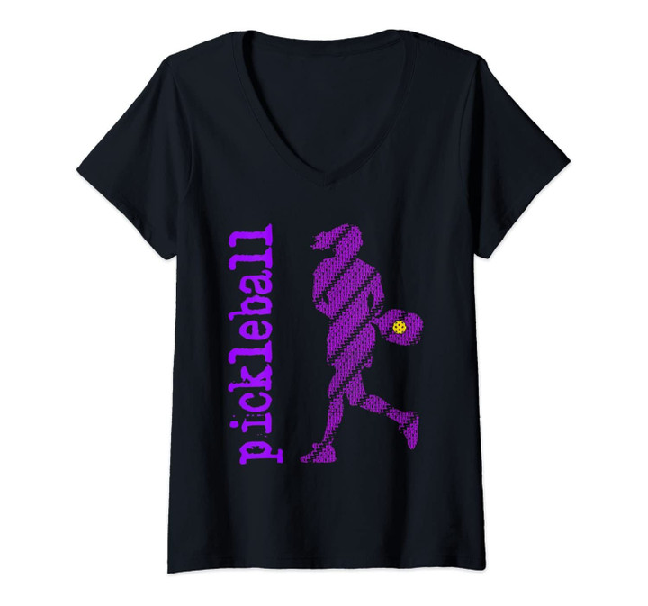 Womens Womens Pickleball Player Typography V Neck Purple V-Neck T-Shirt