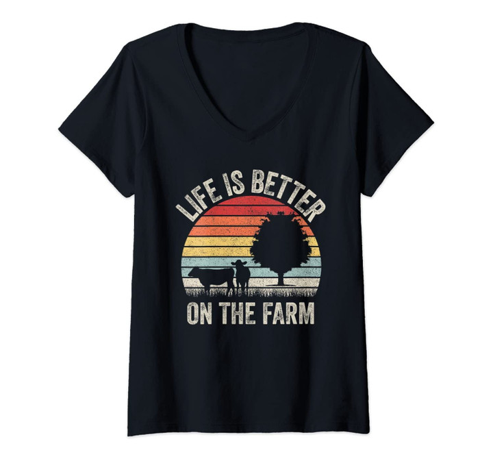 Womens Vintage Retro Life Is Better On The Farm Rancher Farmer Gift V-Neck T-Shirt