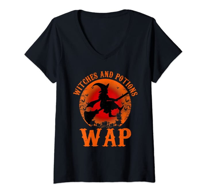 Womens Wap Witches And Potions Retro Halloween Witch Party Costume V-Neck T-Shirt