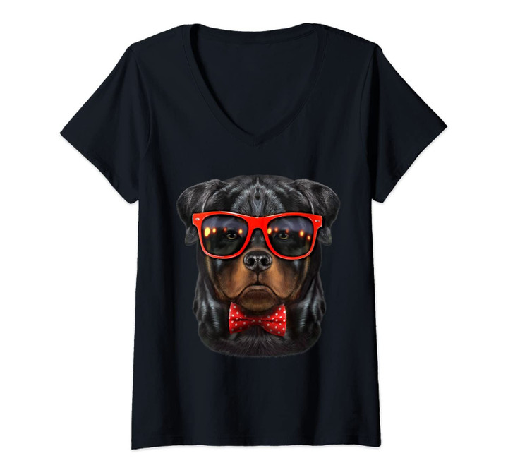 Womens Rottweiler Dog In Red Retro Sunglass And Bow Tie V-Neck T-Shirt