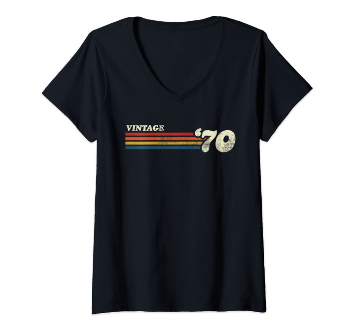 Womens Vintage 1970 Chest Stripe 51st Birthday V-Neck T-Shirt