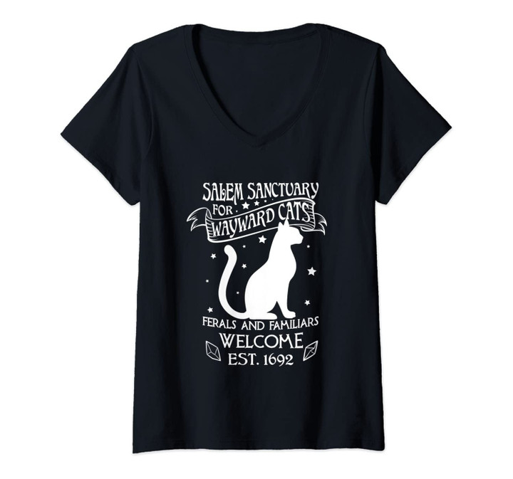 Womens Witch Salem Sanctuary For Wayward Black Cats 1692 Gift Idea V-Neck T-Shirt