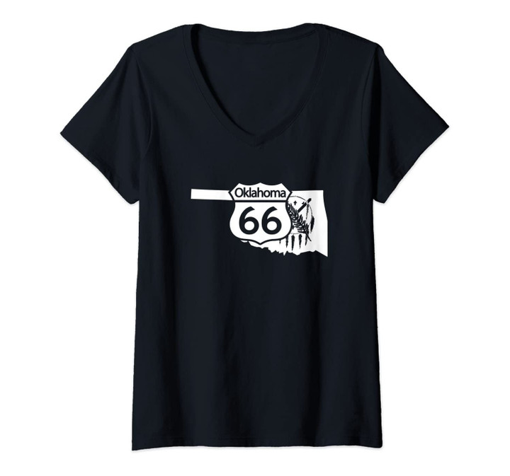 Womens Route 66 Sign On The Oklahoma State Silhouette V-Neck T-Shirt