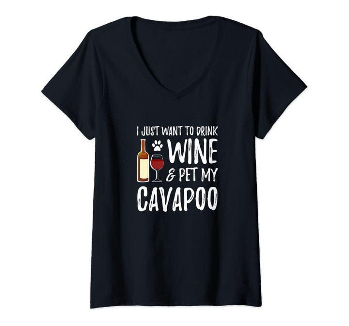 Womens Wine And Cavapoo T-Shirt For Cavapoo Dog Mom V-Neck T-Shirt