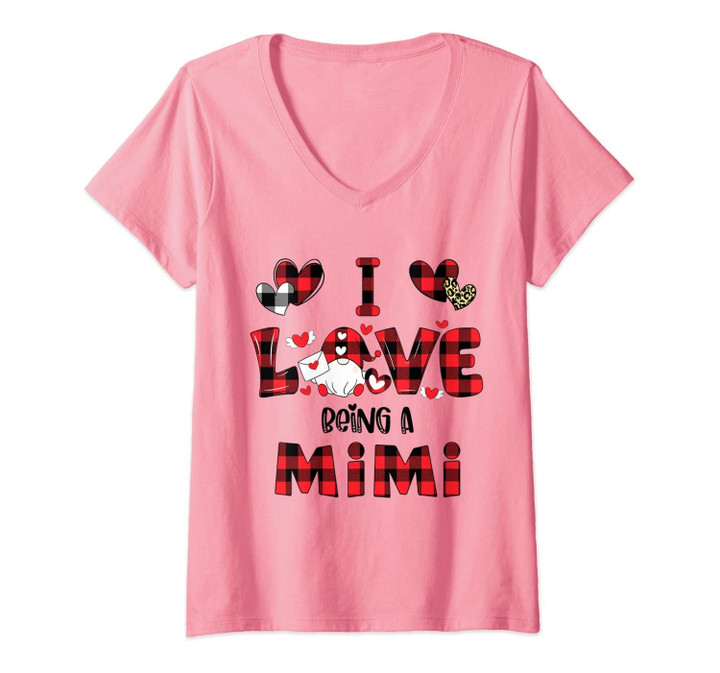 Womens I Love Being A Mimi Gnomes Red Plaid Heart Valentine's Day V-Neck T-Shirt