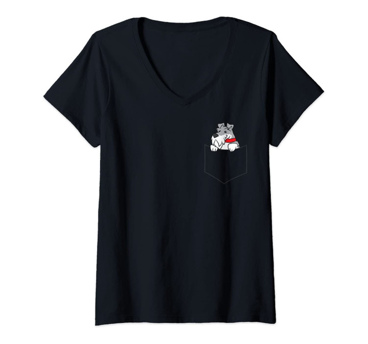 Womens Schnauzer Dog In Pocket Cute Pocket Schnauzer V-Neck T-Shirt