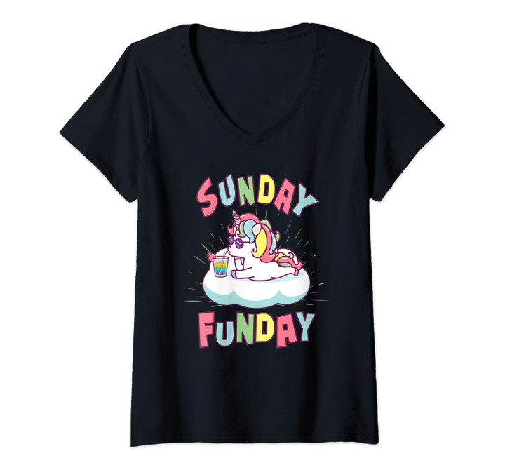 Womens Sunday Funday Shirts Women Cute Unicorn Drinking Rainbow V-Neck T-Shirt