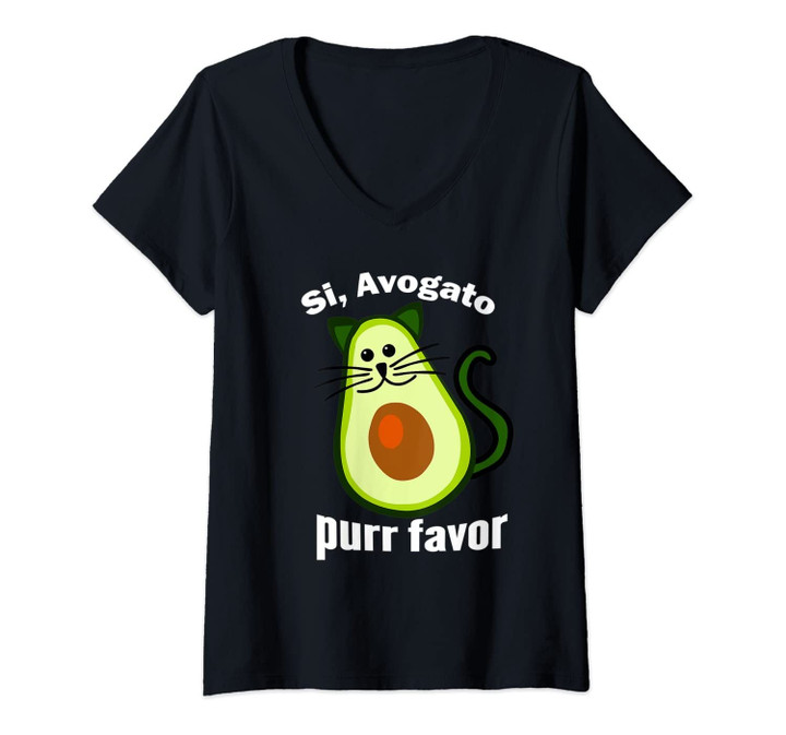 Womens Si Avogato Purr Favor Cat - Yes Avocado Please Gato V-Neck T-Shirt