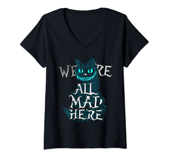 Womens Smiling Cat Tee - We Are All Mad Here Funny Cat V-Neck T-Shirt
