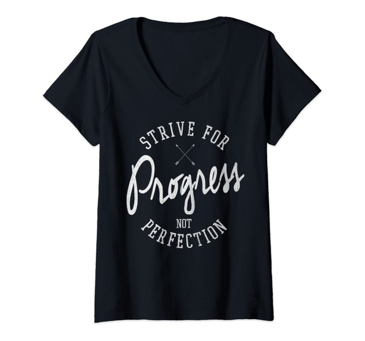 Womens Strive For Progress Not Perfection Curvy Text V-Neck T-Shirt