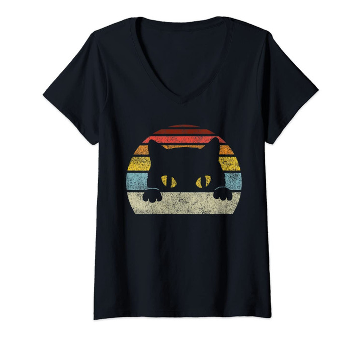 Womens Vintage Black Cat Lover, Retro Style Cats Gift V-Neck T-Shirt