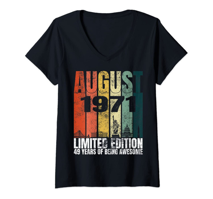 Womens Vintage August 1971 Bday Gifts 49 Years Old 49th Birthday V-Neck T-Shirt