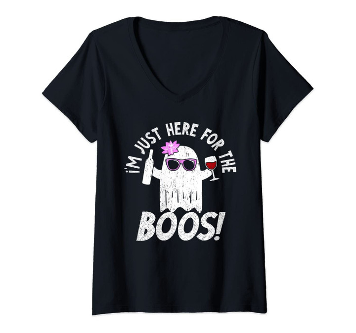 Womens I&Rsquo;M Just Here For The Boos Cute Ghost Wine Halloween Costume V-Neck T-Shirt