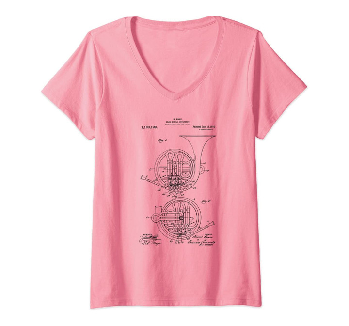 Womens Vintage Patent Print 1914 French Horn Marching Band Player V-Neck T-Shirt