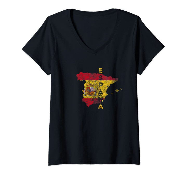 Womens Spanish Map And Flag Souvenir - Distressed Spain V-Neck T-Shirt