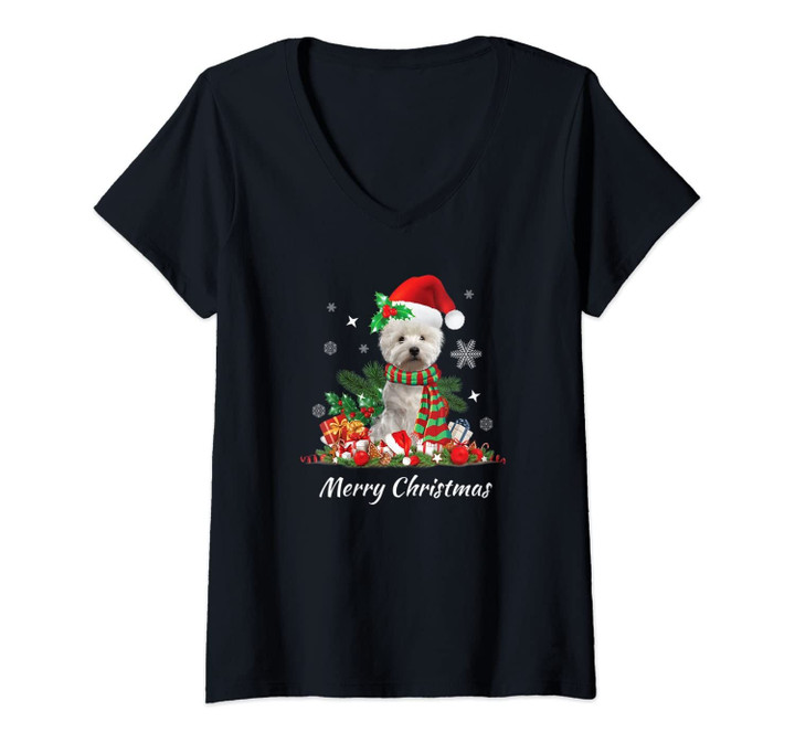 Womens Westie West Highland Terrier Merry Christmas V-Neck T-Shirt