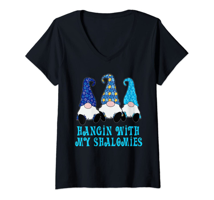 Womens Shalom Gnomes Blue Hats Hanging With My Shalomies V-Neck T-Shirt