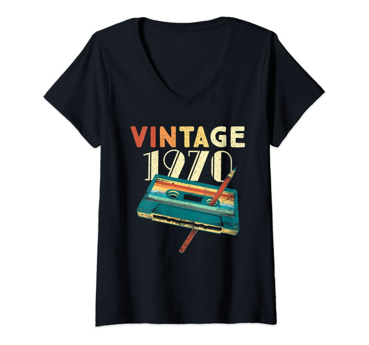 Womens Vintage 1970 Music Cassette 51st Birthday Gifts 51 Years Old V-Neck T-Shirt