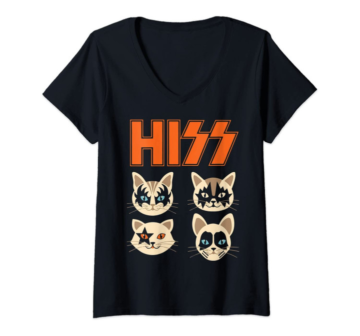 Womens Hiss Funny Cats Kittens Rock Rockin V-Neck T-Shirt
