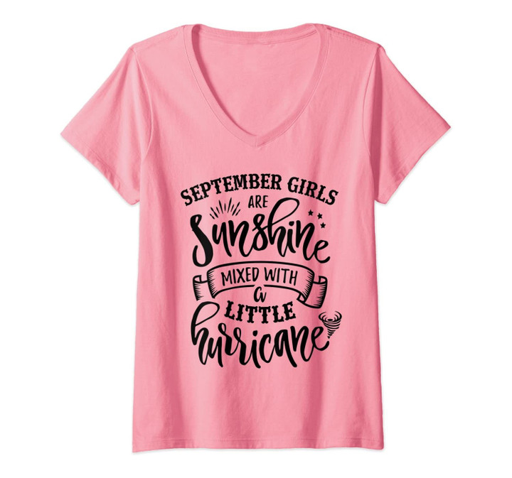 Womens September Girls Are Sunshine Mixed Little Hurricane V-Neck T-Shirt
