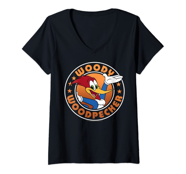 Womens Woody Woodpecker Circle Text Portrait V-Neck T-Shirt