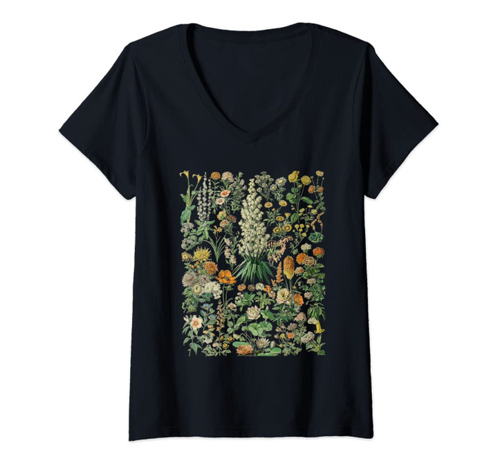 Womens Vintage Inspired Flower Botanical Chart V-Neck T-Shirt