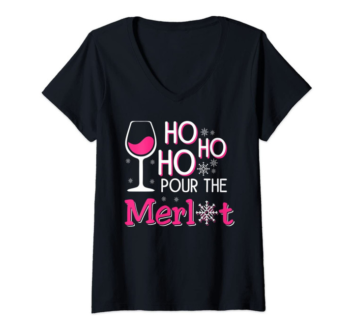 Womens Hohoho Pour Merlot Wine Christmas Alcohol Drinking Drink V-Neck T-Shirt