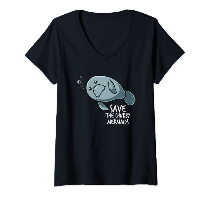 Womens Save The Chubby Mermaid Manatee Funny Sea Cow Flaoty Potato V-Neck T-Shirt
