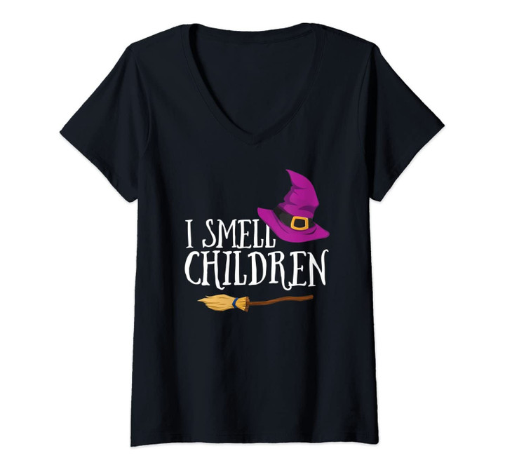 Womens I Smell Children Teacher Halloween Witch Tshirt For Women V-Neck T-Shirt