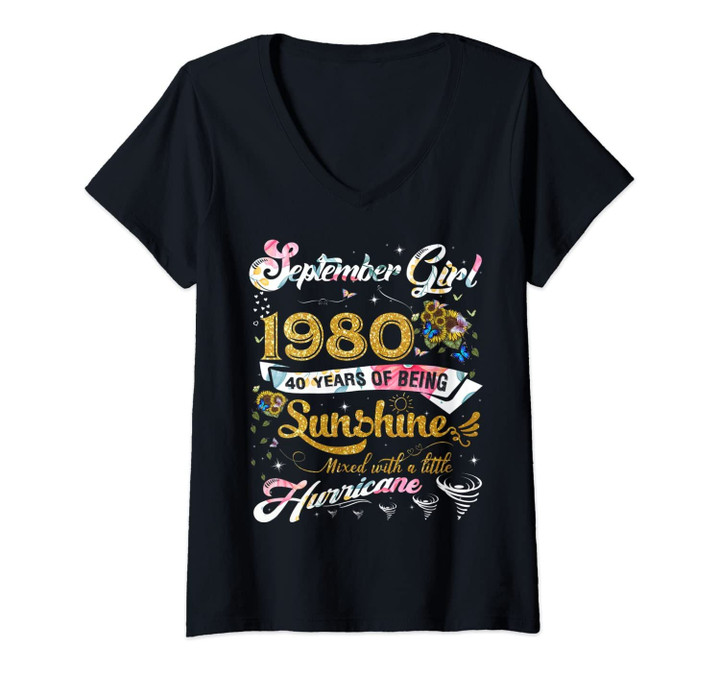 Womens Vintage September 1980 Designs 40 Years Old 40th Birthday V-Neck T-Shirt