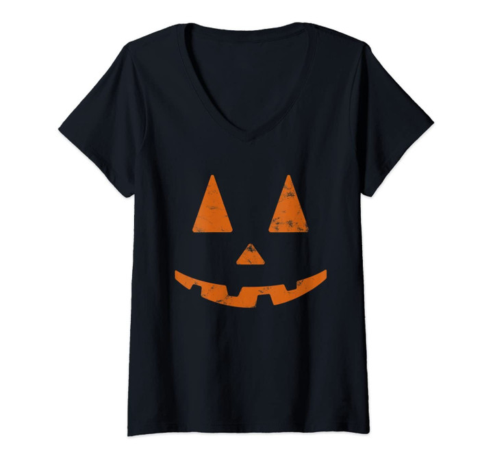 Womens Smiling Halloween Pumpkin Face Orange Jack O Lantern V-Neck T-Shirt