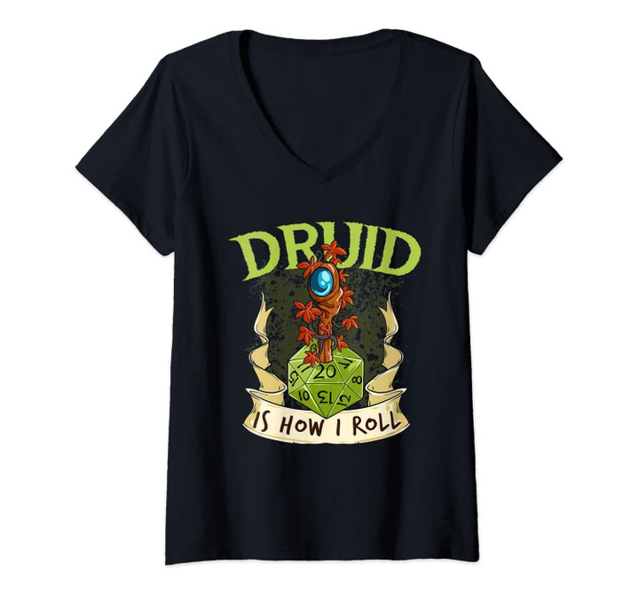 Womens W20 Druid Roll 20-Sided Dice Role Play Game Dungeon Fantasy V-Neck T-Shirt
