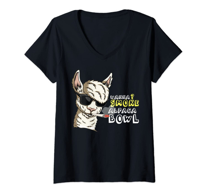 Womens Wanna Smoke Alpaca Bowl Llama Smoking Weed Doobies V-Neck T-Shirt