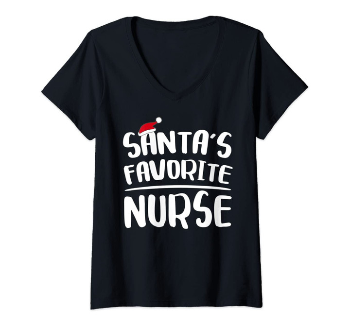 Womens Santa's Favorite Nurse T-Shirt Christmas Gift Shirt V-Neck T-Shirt