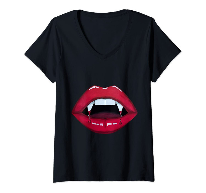 Womens Sexy Woman Vampire Mouth Blood Fangs Teeth Bright Red Lips V-Neck T-Shirt