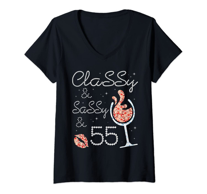Womens Hot Kiss And Wine Classy & Sassy 55 Years Old Happy Birthday V-Neck T-Shirt