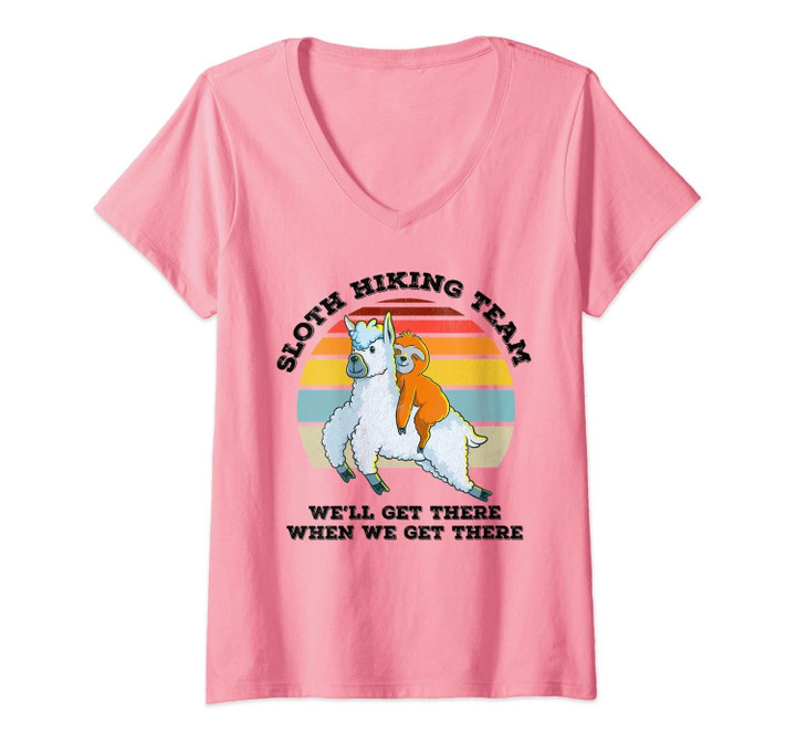Womens Sloth Hiking Team, Retro Vintage Llama Gifts V-Neck T-Shirt