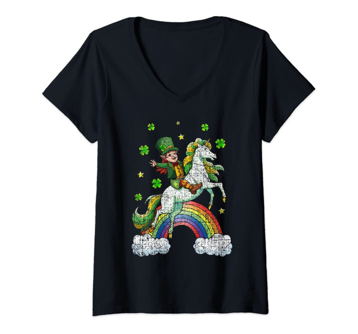 Womens St Patricks Day Female Leprechaun Unicorn Distressed Rainbow V-Neck T-Shirt