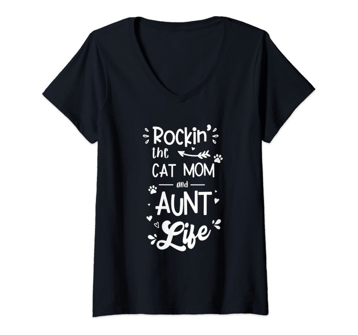 Womens Rockin' The Cat Mom And Aunt Life V-Neck T-Shirt